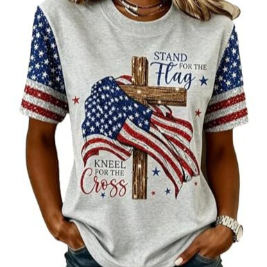 Summer Cross American Print Crewneck Short Sleeve Women's Top