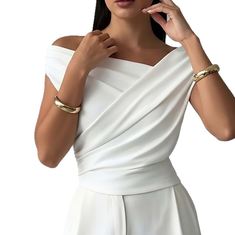 Women's Off-Shoulder Asymmetric Neck Sleeveless Top Short Sleeve Blouse