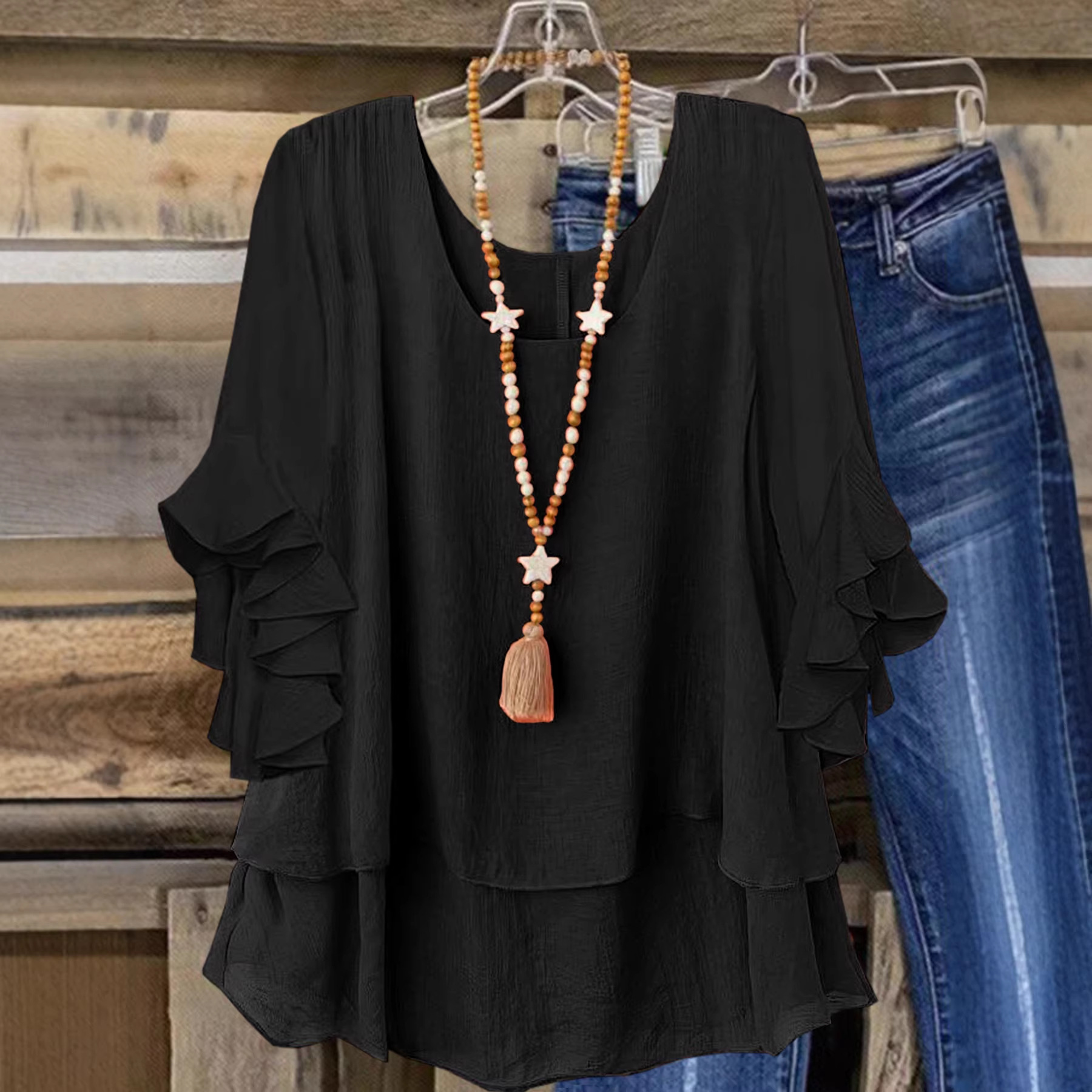 Women's Round Neck Flared Sleeve Loose Fit Casual Top