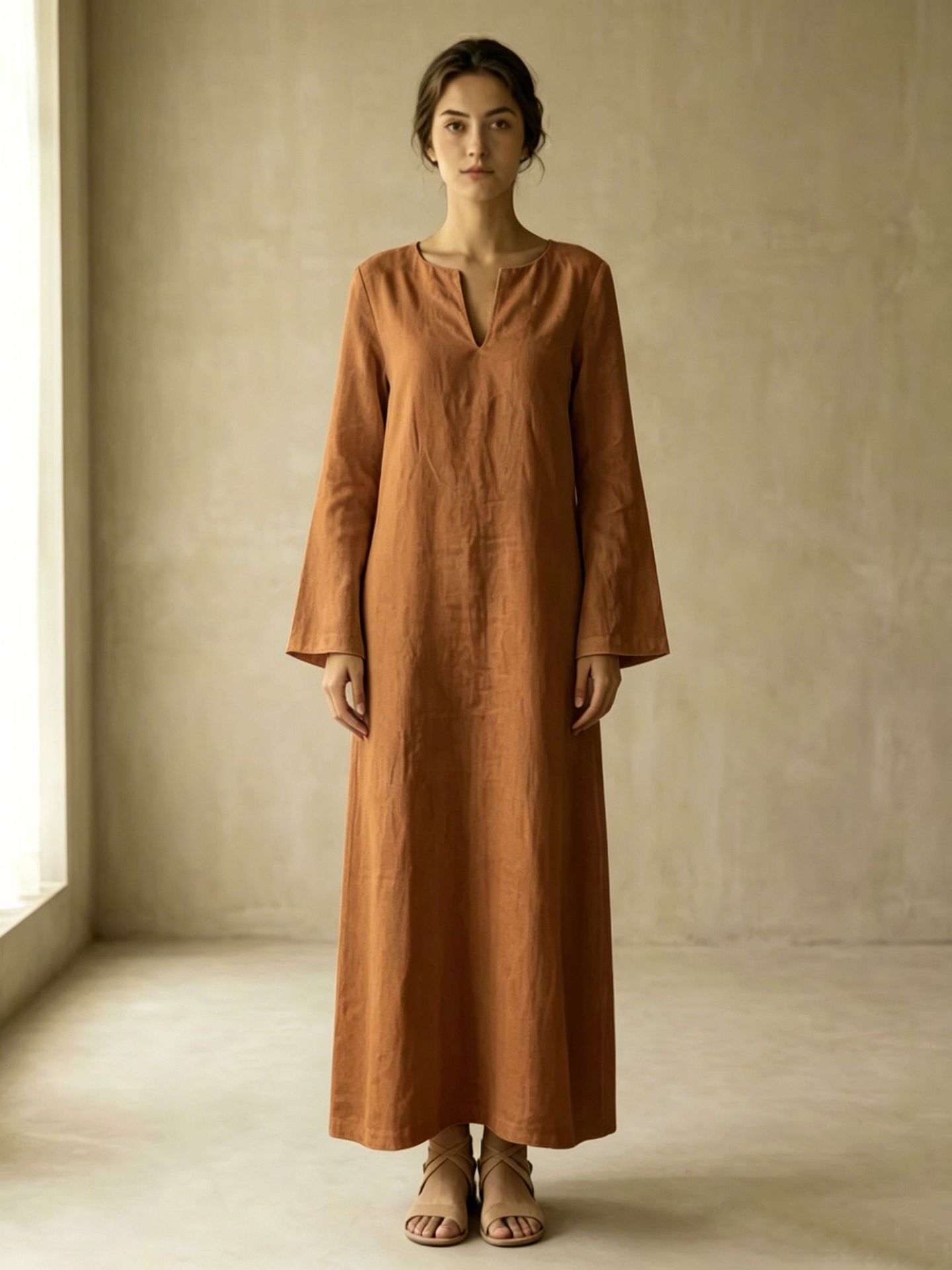 Women's Minimalist V-Neck Long Sleeve Maxi Dress