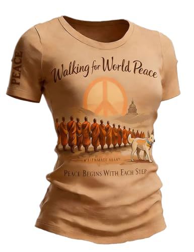 Women's Summer Waist-Fitted Crew Neck Short Sleeve Top with Monk and Peace Dog Print