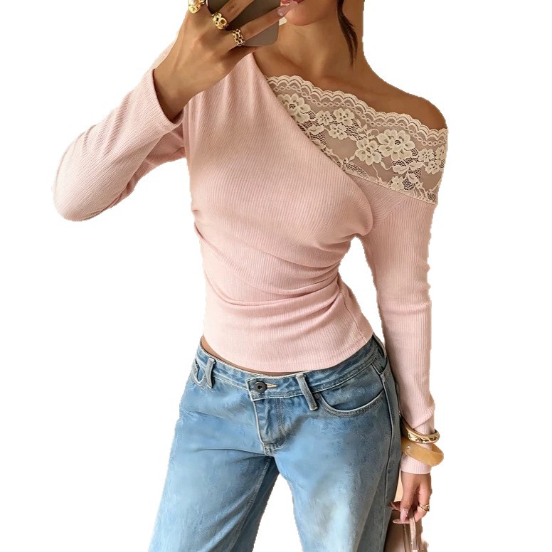 French Lace Panel One-Shoulder Long-Sleeve Fitted Top