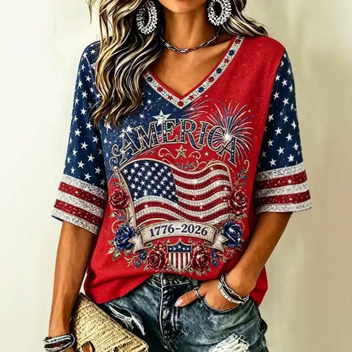 American Flag Fireworks Print V-Neck Short Sleeve T-Shirt for Women