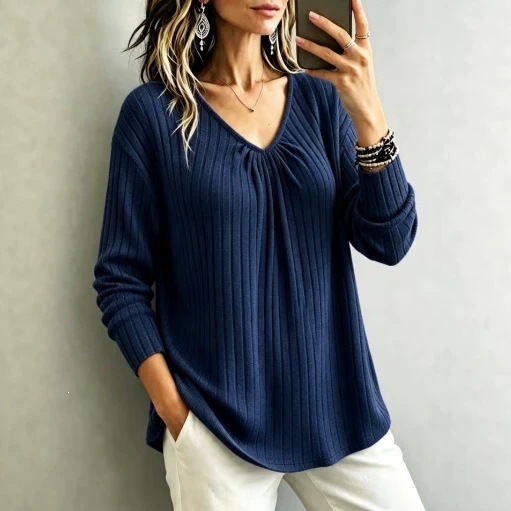 V-Neck Ribbed Brushed Long-Sleeve Loose Casual Top for Women