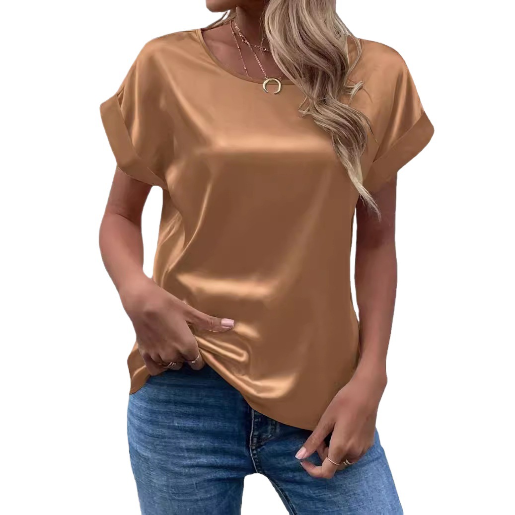 Women's Satin Crewneck Straight-Fit Short-Sleeve T-Shirt