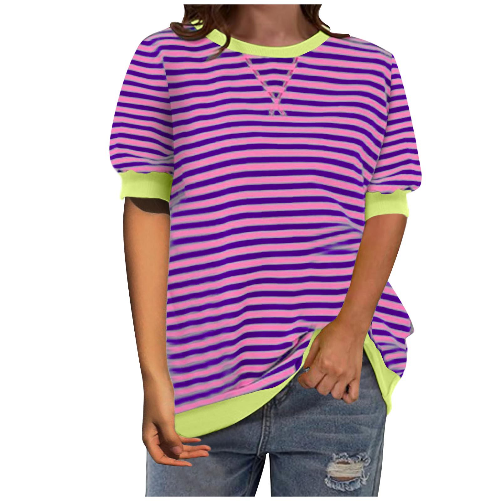 Striped Color-Block Cuff Short-Sleeve Crewneck T-Shirt