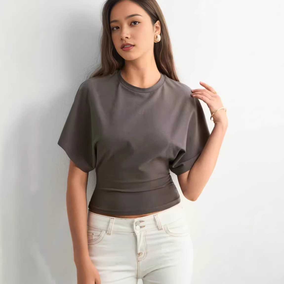 Solid Crewneck Batwing Sleeve Cinched Waist Short Sleeve Top