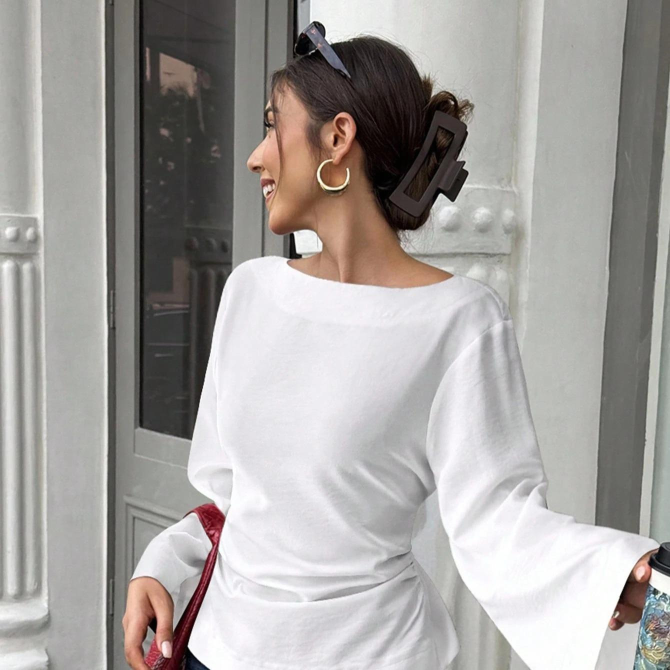 Solid Color Boat Neck Cinched Waist Flare Sleeve Long Sleeve Top