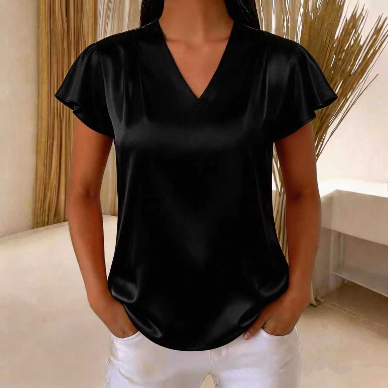 V-Neck Chiffon Pleated Loose Short Sleeve Top
