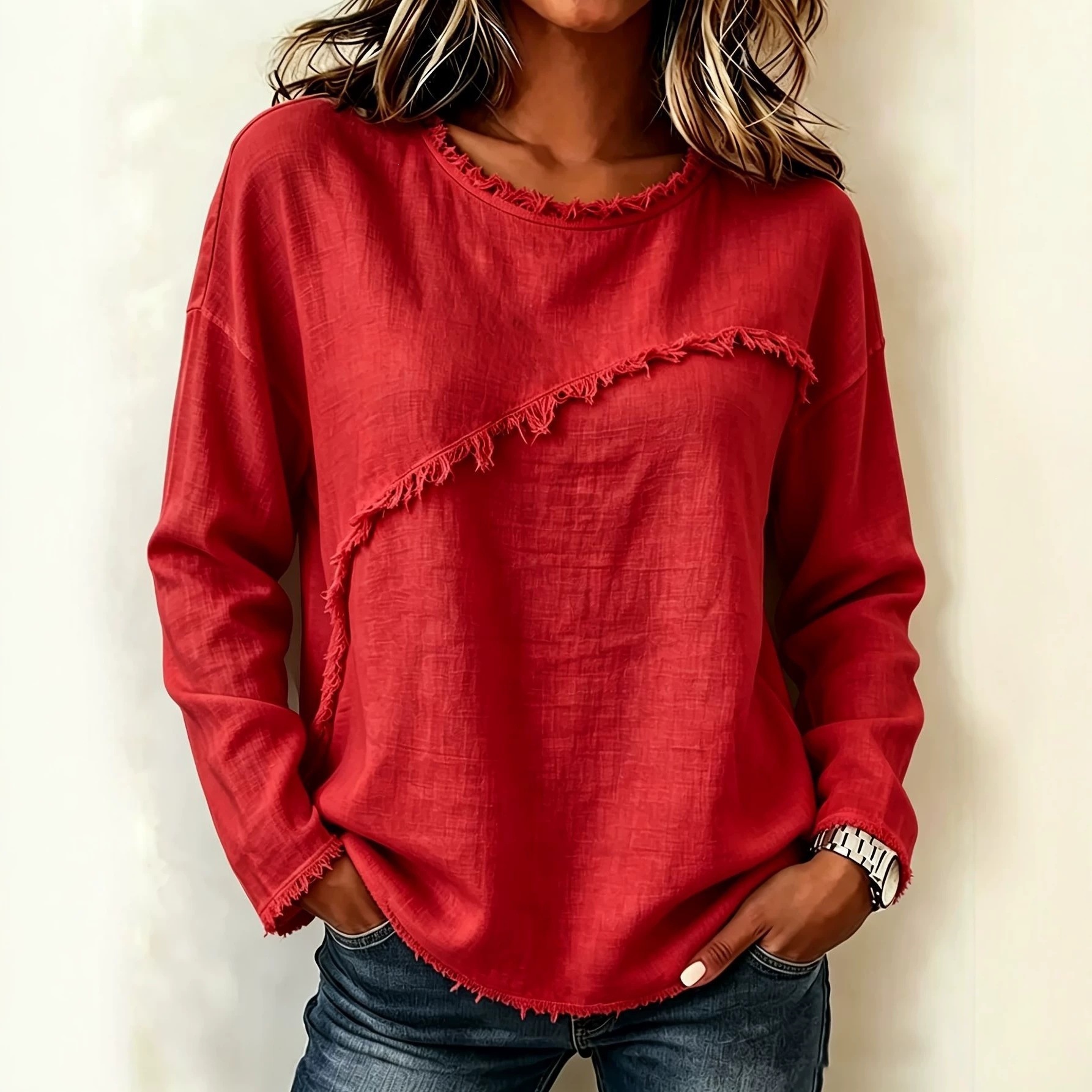 Women's Round Neck Faux Fur Trim Long Sleeve T-Shirt Solid Color Top