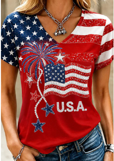 USA Flag 3D Print V-Neck Short Sleeve Women's T-Shirt