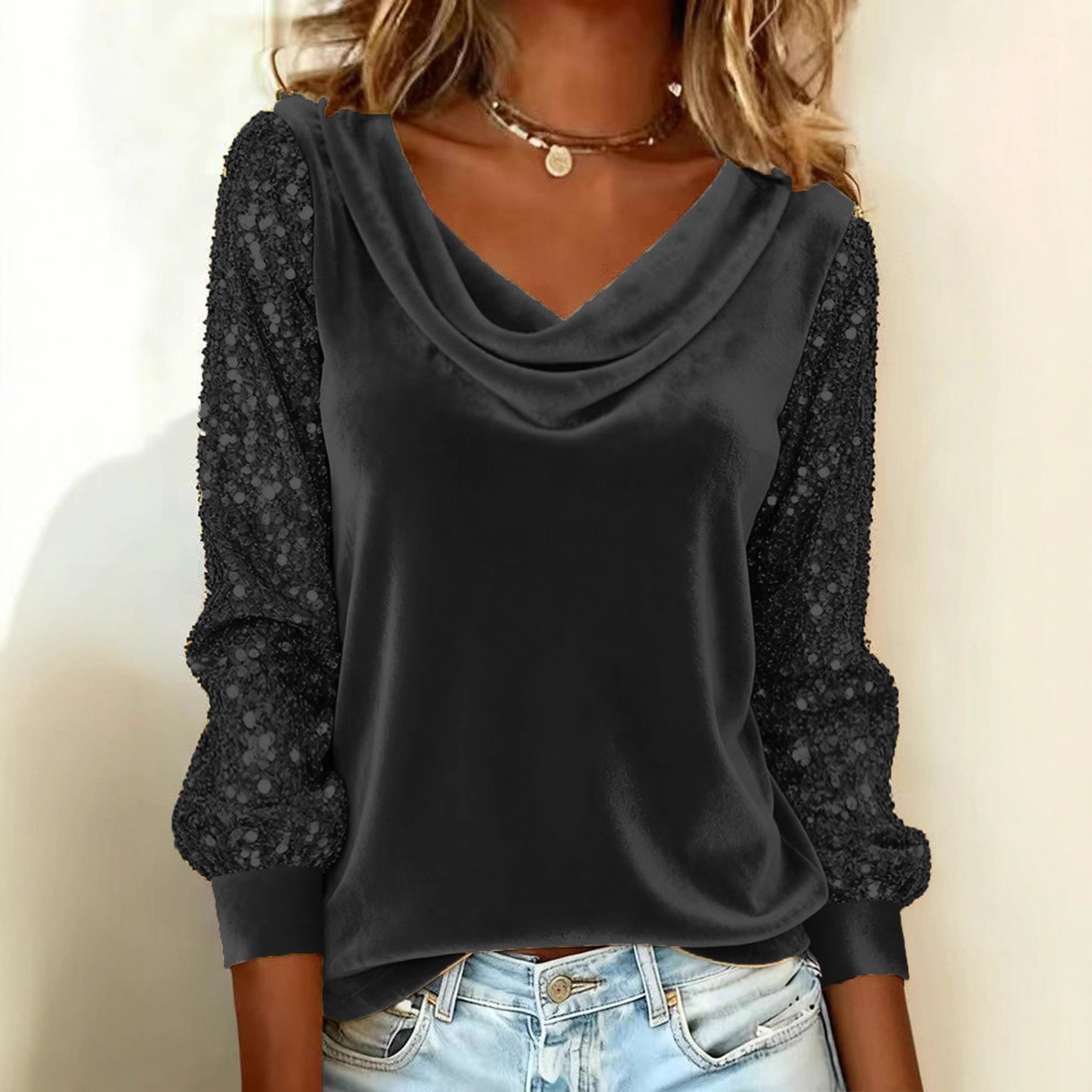 Velvet Sequin Panel Cowl Neck Long Sleeve T-Shirt Top
