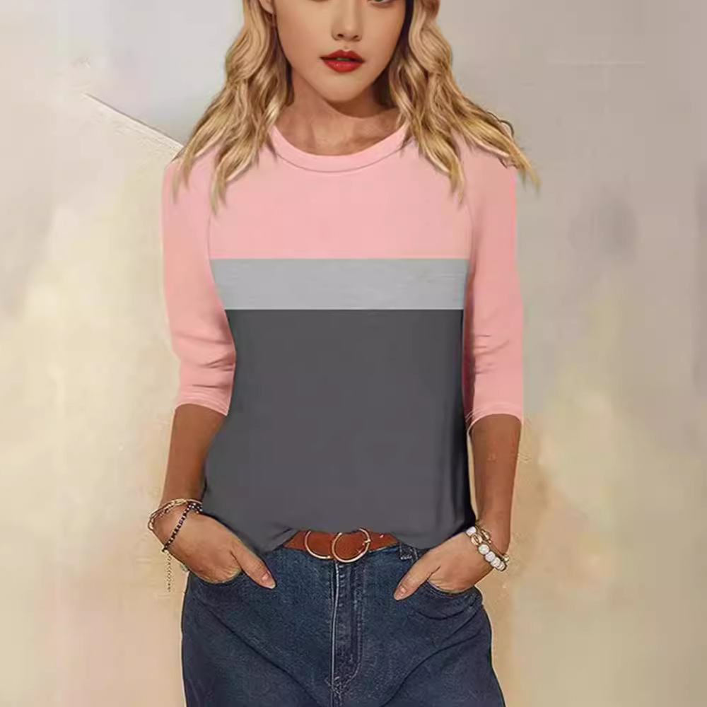 Women's Colorblock Seven-Sleeve Crewneck T-Shirt Casual Top