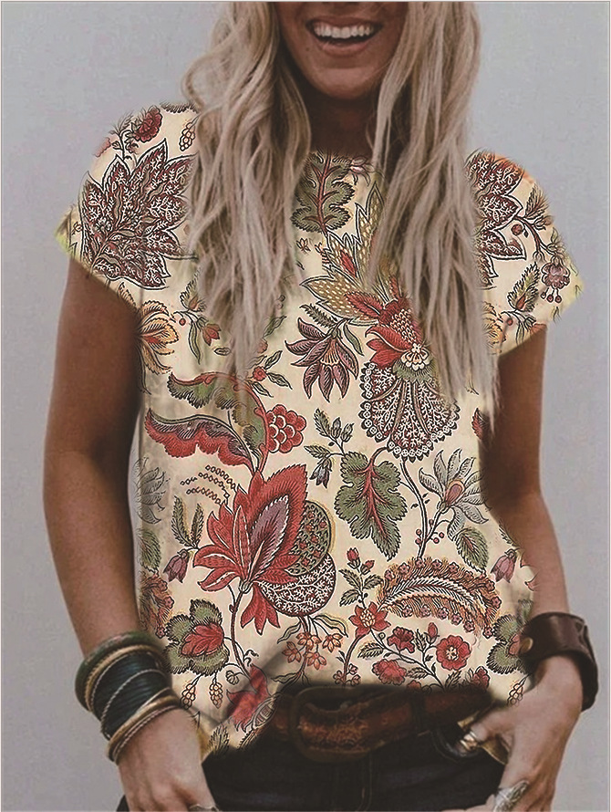 Women's V-Neck Floral Print Short Sleeve Loose Fit T-Shirt