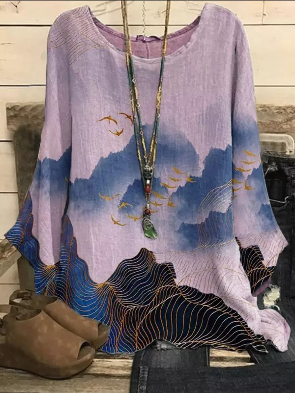 Cotton-Linen Floral Print Crewneck Loose Vintage Top