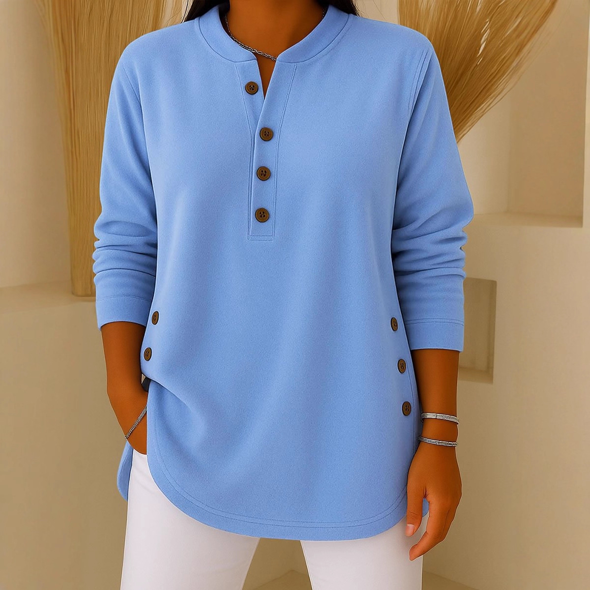 Women's V-Neck Button Knit Long Sleeve Top