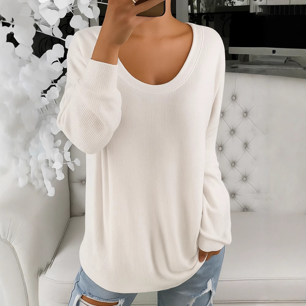 Women's Casual Loose Solid Color Retro Crewneck Long Sleeve Knit Sweater