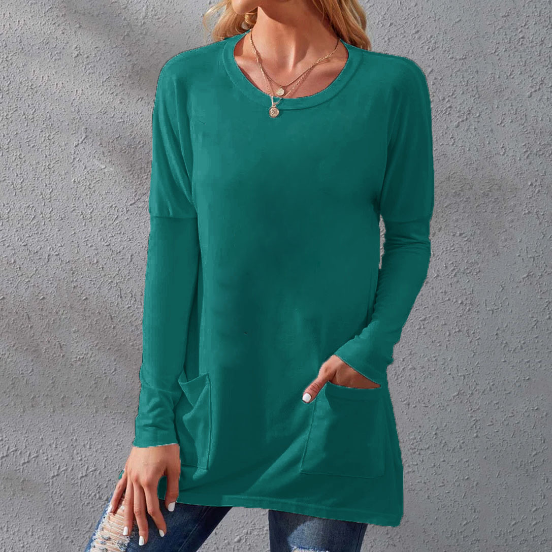 Women's Loose Fit Crewneck Short Sleeve Pocket Solid Midi T-Shirt