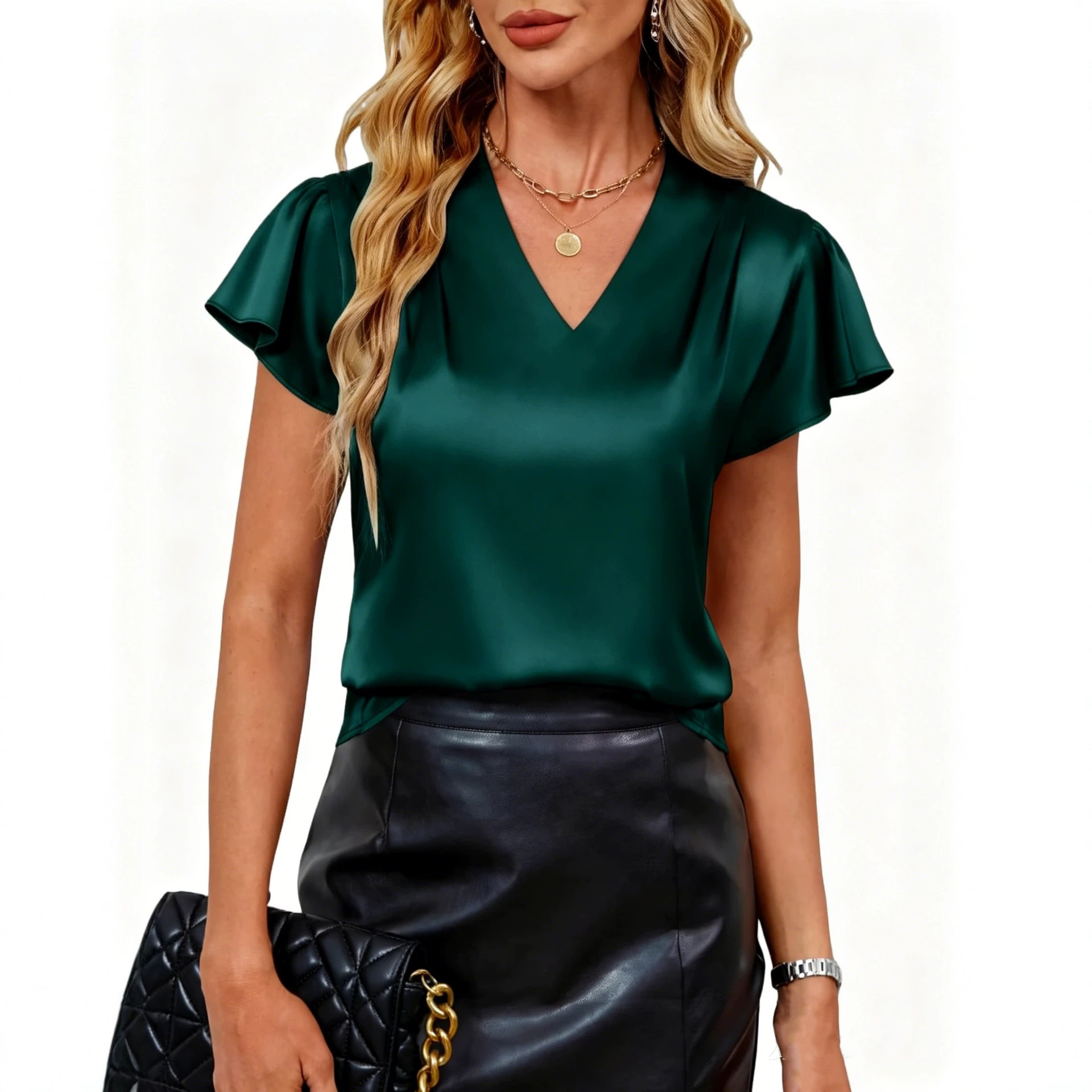 V-Neck Chiffon Pleated Loose Short Sleeve Top