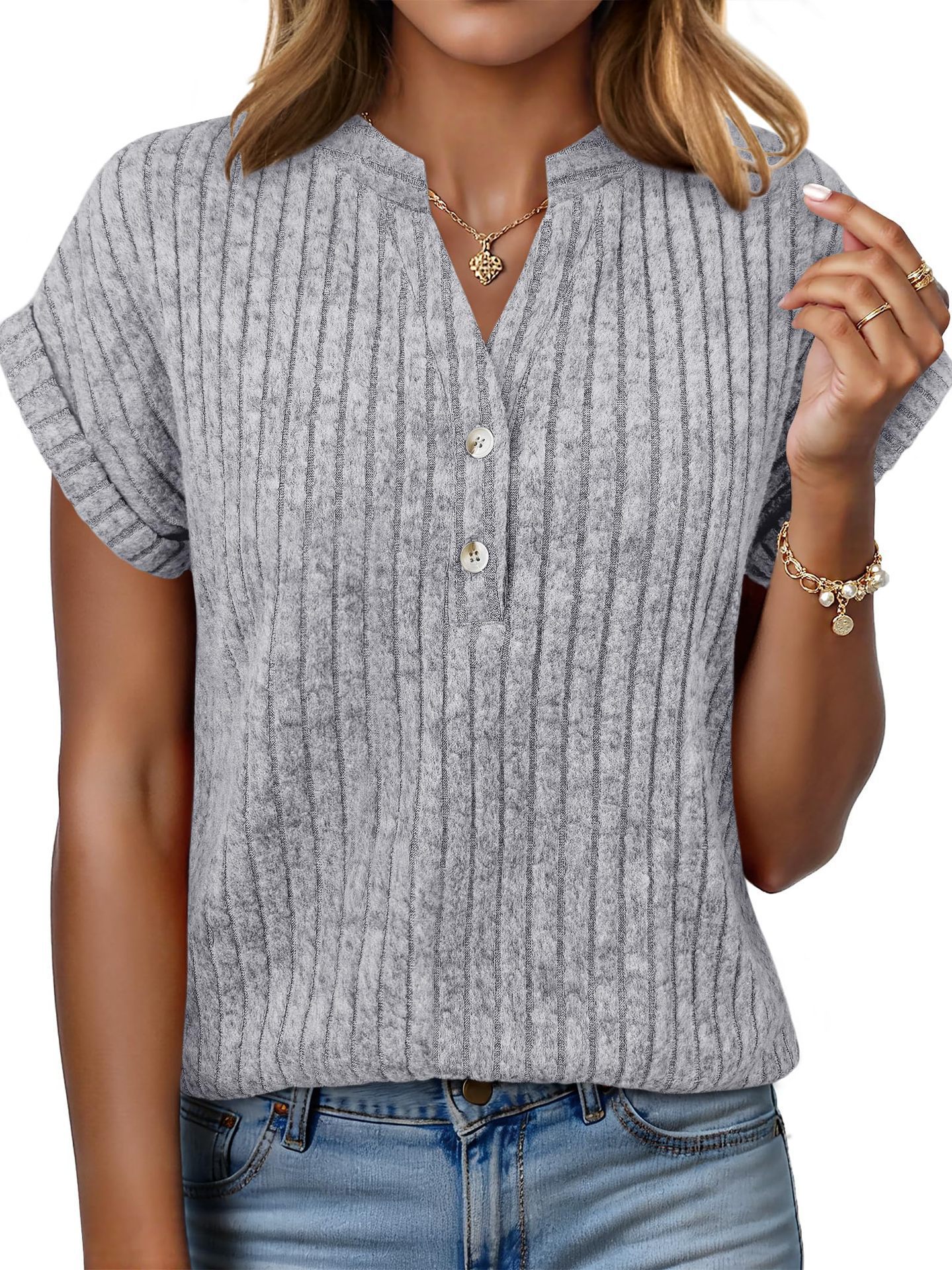 Brushed Ribbed V-Neck Batwing Short-Sleeve Top