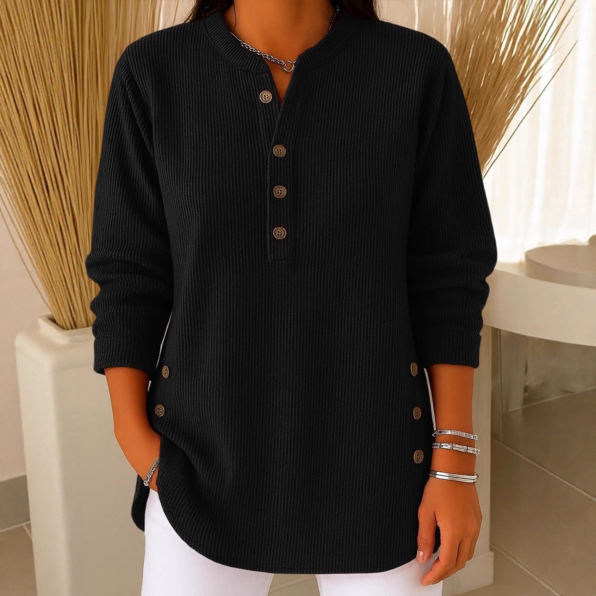Corduroy Solid V-Neck Button Long-Sleeve Loose Casual Women's Top