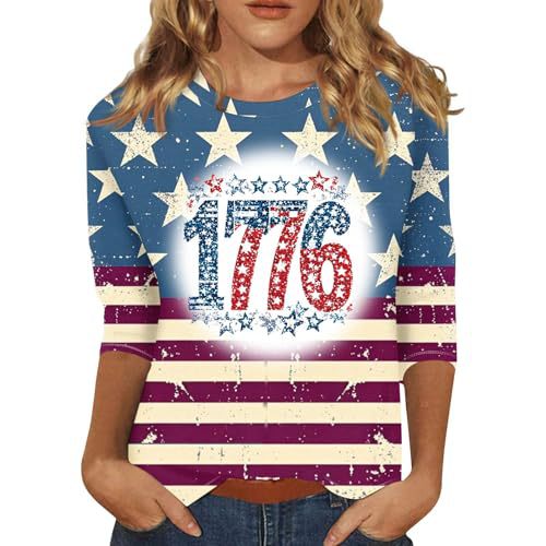 Summer American Flag Print Crewneck Short Sleeve Top