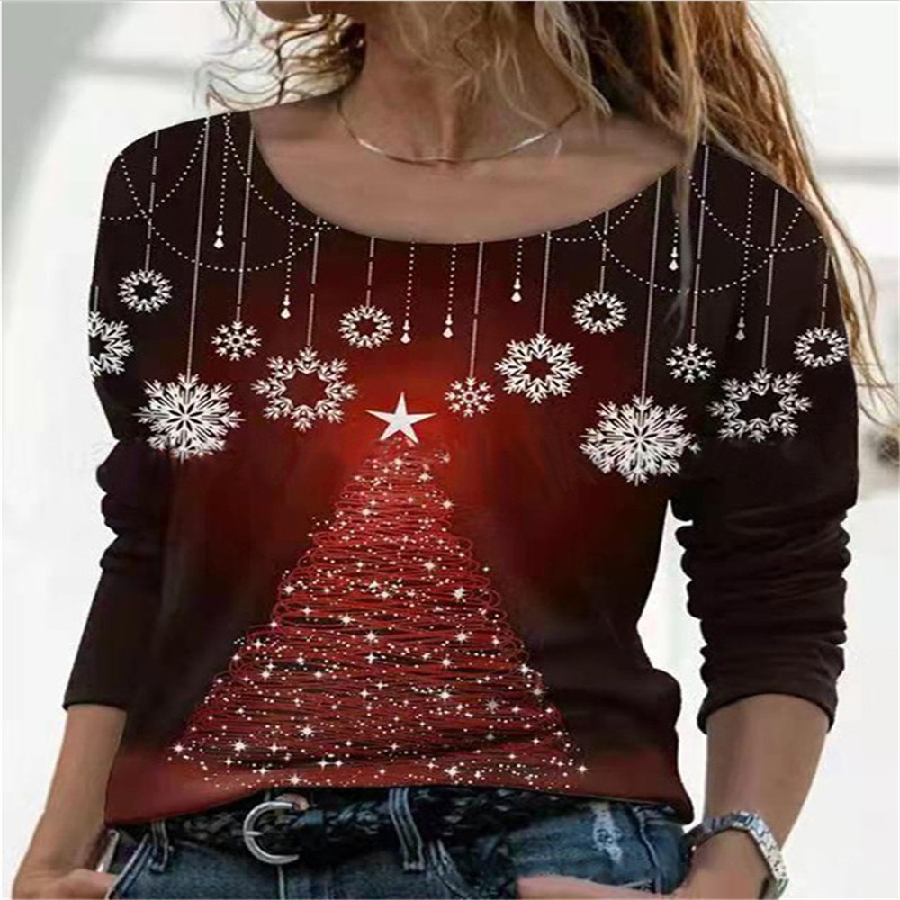 Christmas Floral Print Loose Crewneck Pullover Top T-Shirt