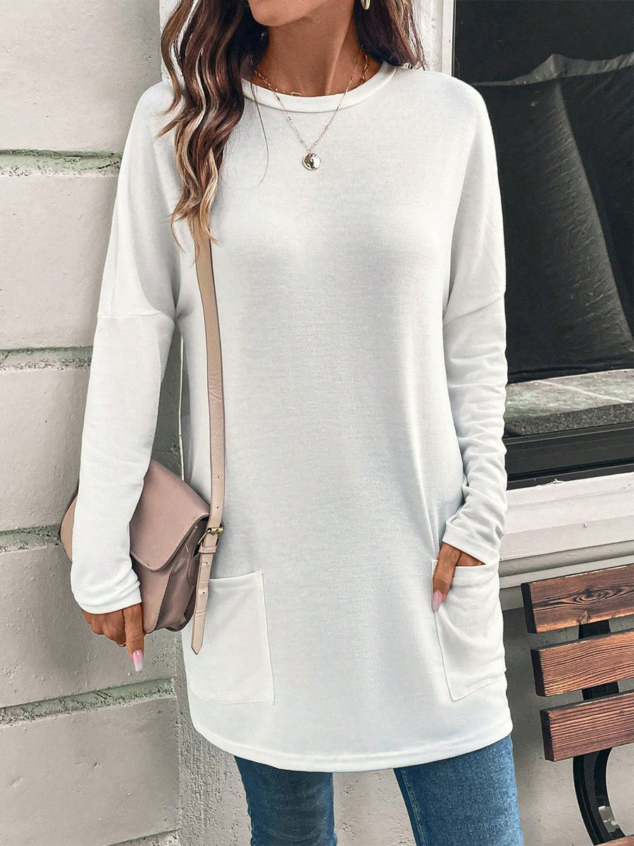 Women's Solid Color Long Sleeve Loose Crewneck Pocket T-Shirt