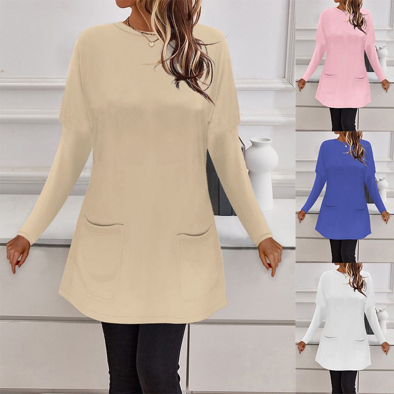 Women's Crewneck Long Sleeve Pocket Loose Casual Top T-Shirt