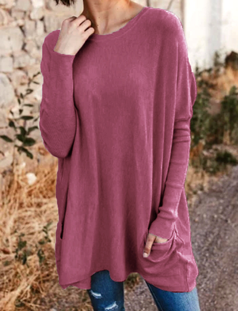 Women's Loose Fit Crewneck Long Sleeve Pocket T-Shirt