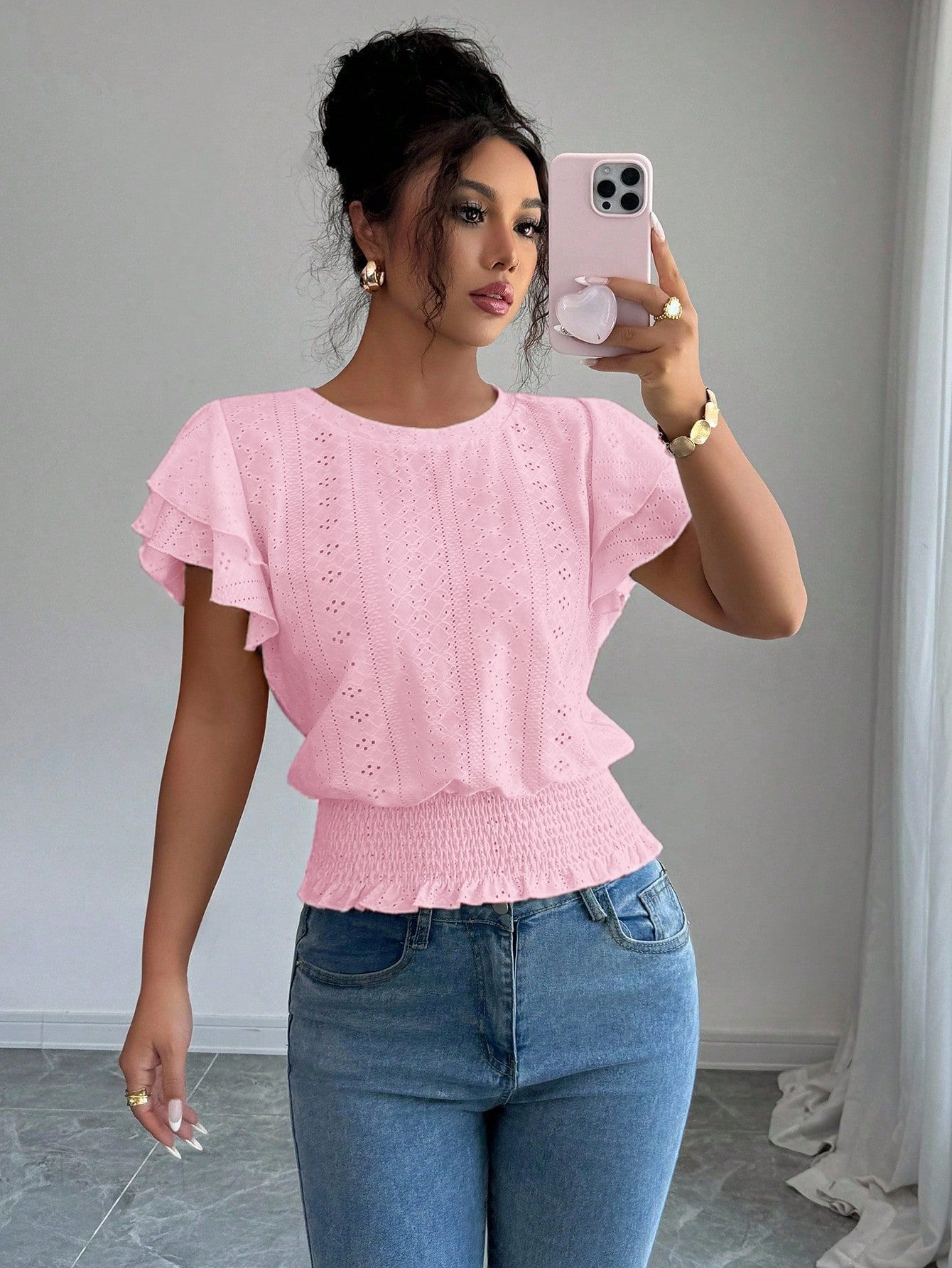 Women's Hollow-Out Ruffle-Sleeve Crewneck Short-Sleeve T-Shirt