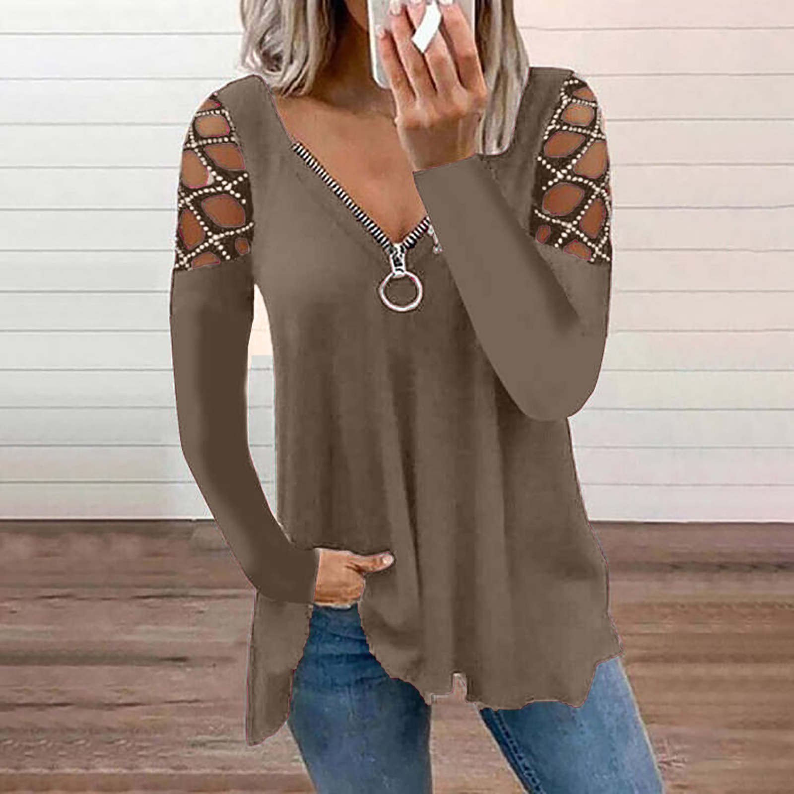 V-Neck Cutout Sleeve Rhinestone Casual Top