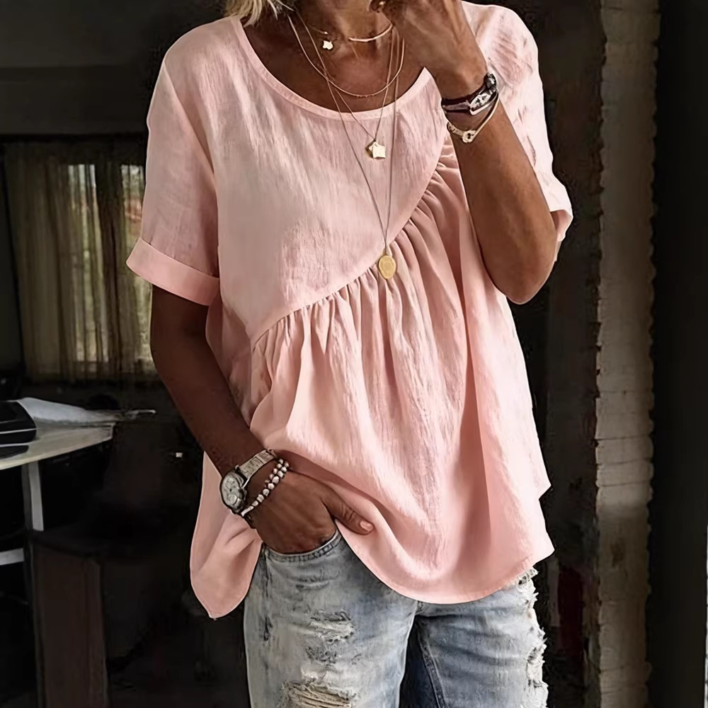 Women's Solid Crewneck Short Sleeve Ruched Top