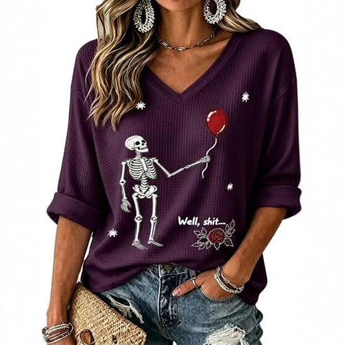 Skull Floral Balloon Print V-Neck Mid-Sleeve T-Shirt