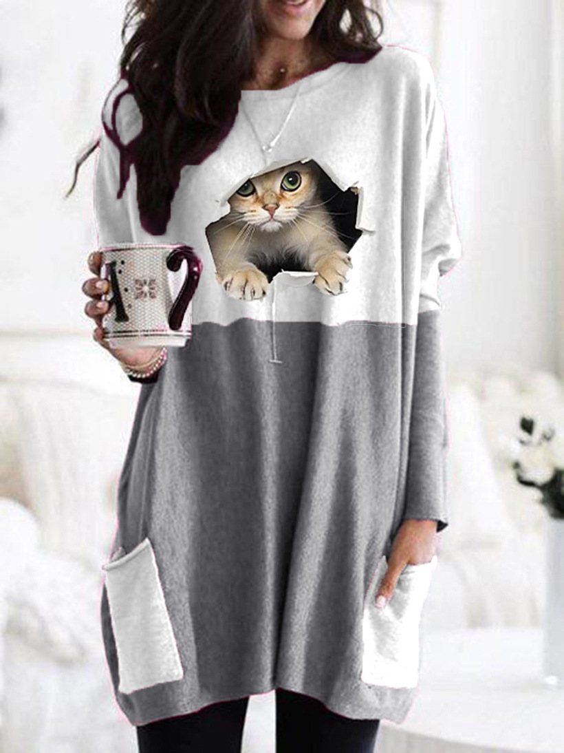 Color Block Cat Print Crewneck Long Sleeve T-Shirt for Women