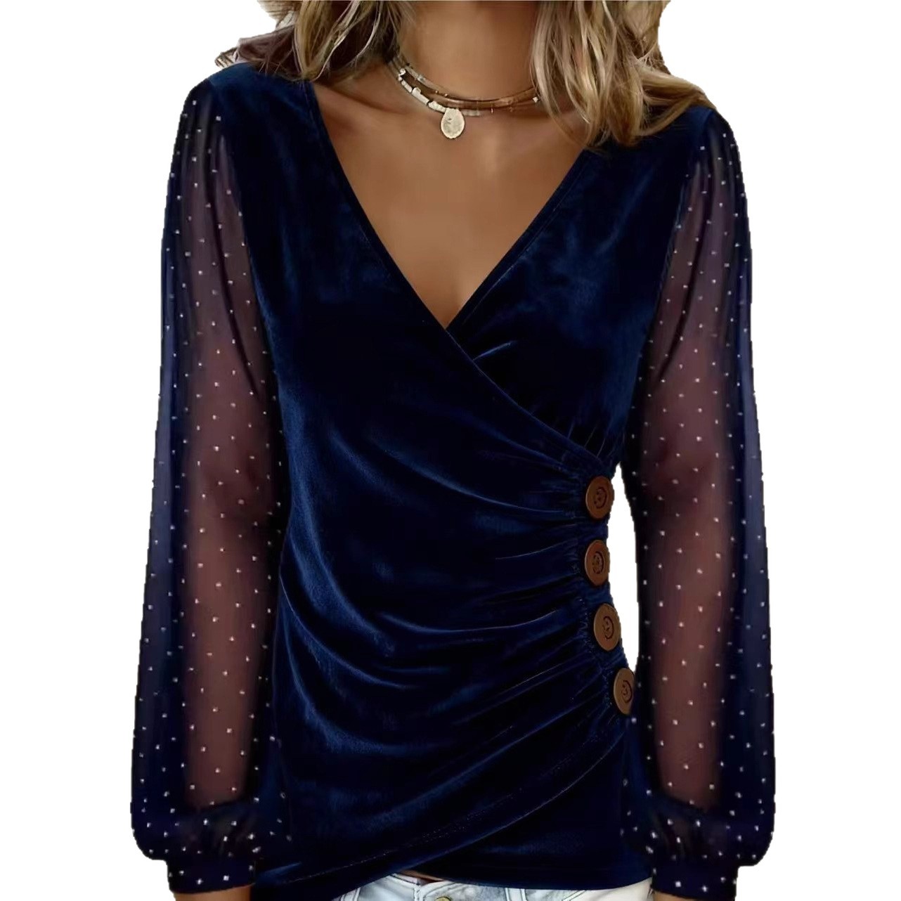 Women's Velvet Long Sleeve T-Shirt with Rhinestone Sleeves V-Neck Slim Fit