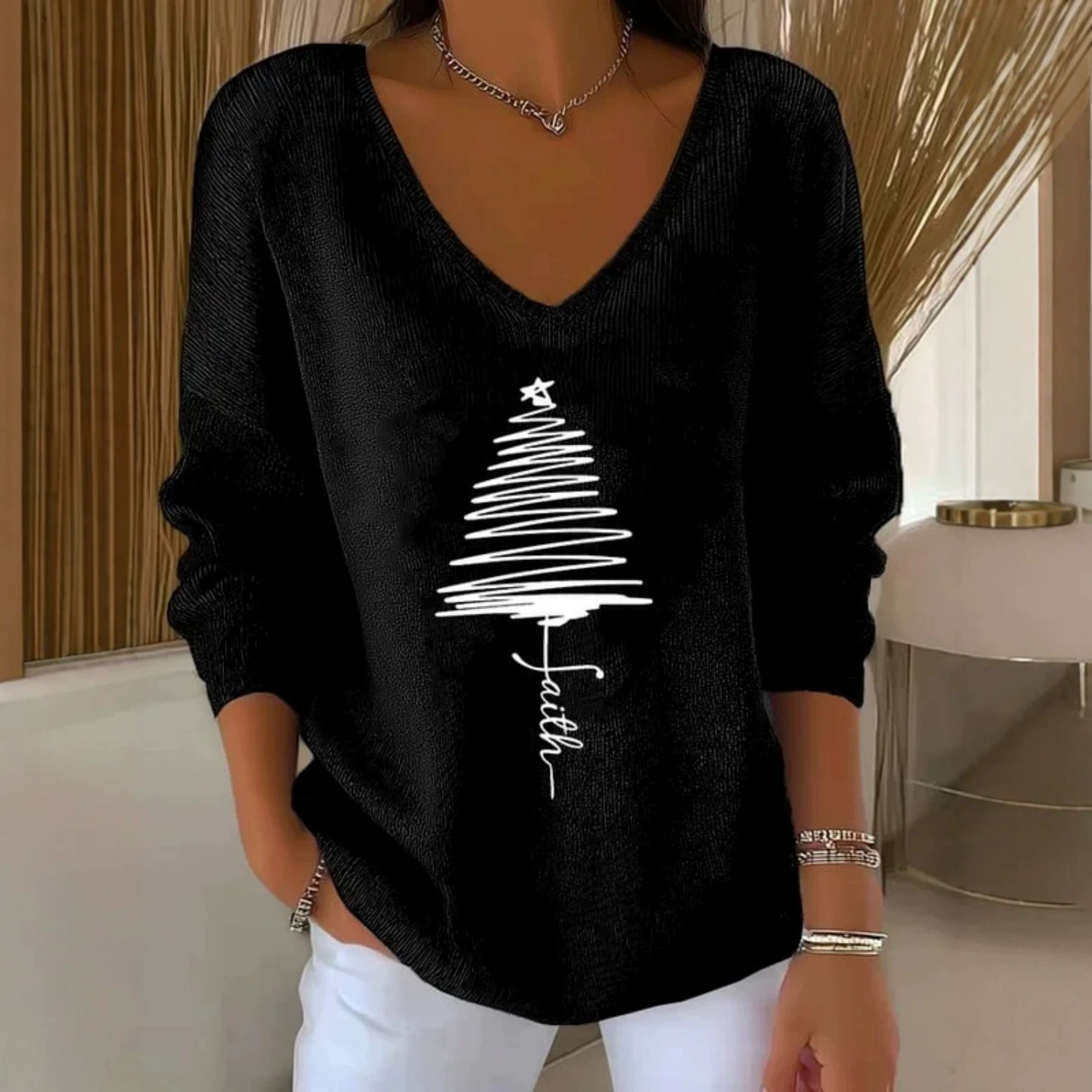 Christmas Tree Ribbon Print V-Neck Long-Sleeve T-Shirt