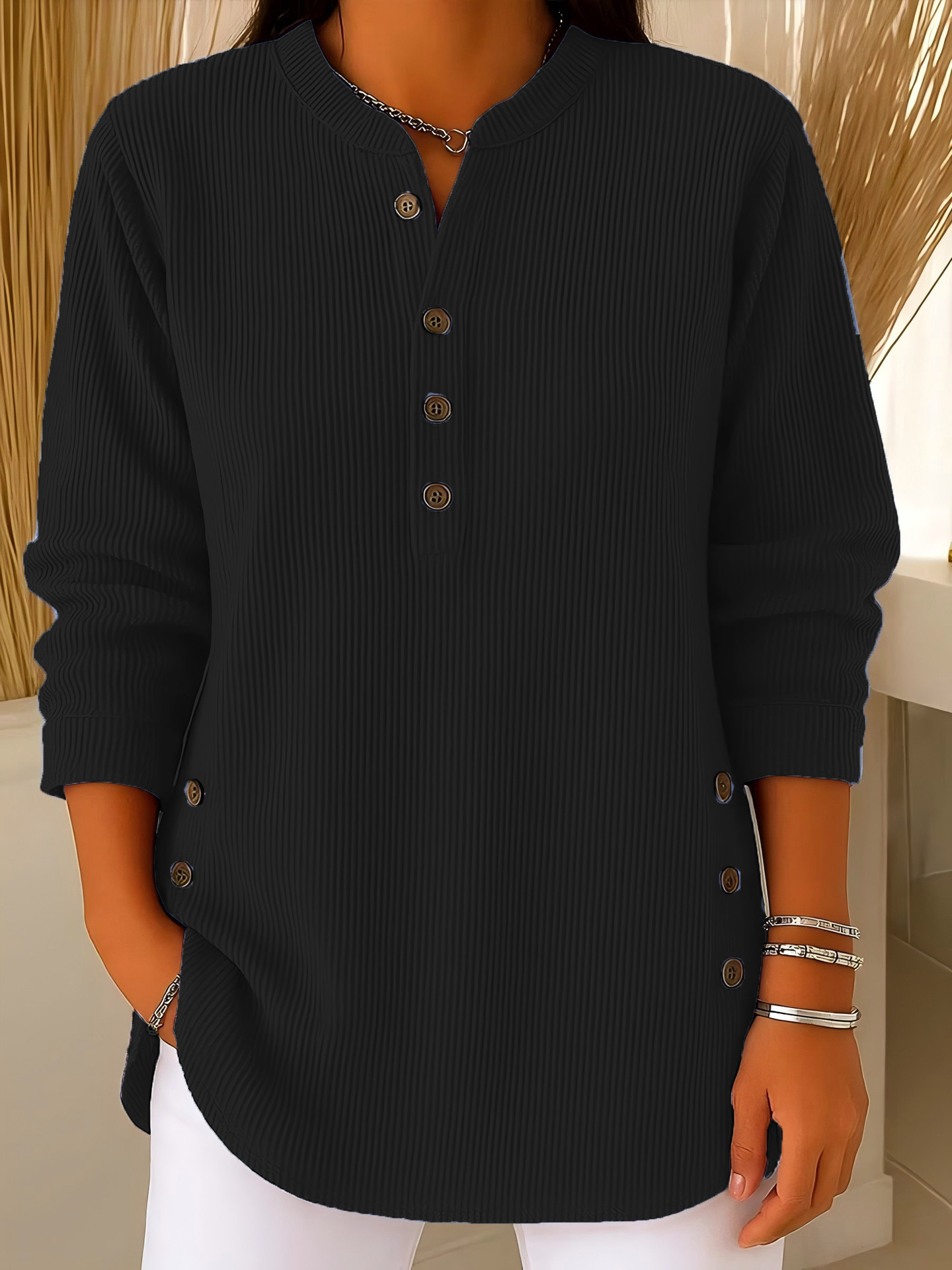 Corduroy Solid V-Neck Button Long-Sleeve Loose Fit Women's Top