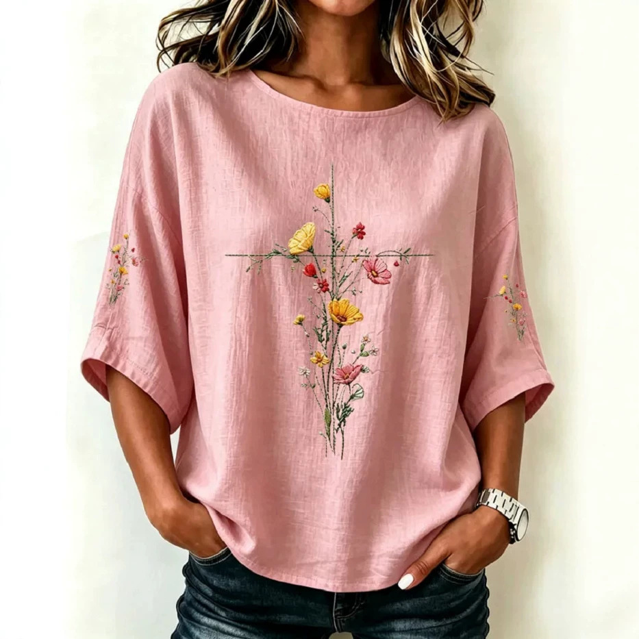 Women's Casual Crewneck 3D Floral Print Mid-Sleeve Top