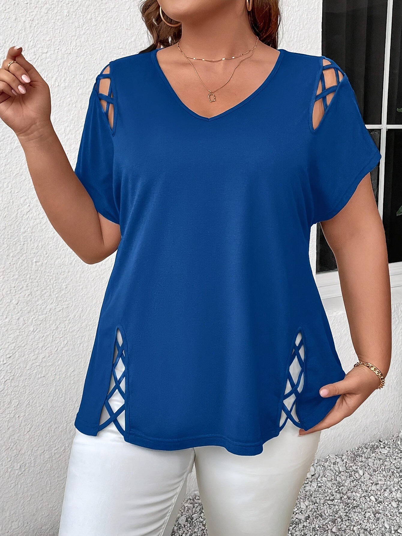 Women's Plus Size Solid Cross-Strap V-Neck Short Sleeve T-Shirt