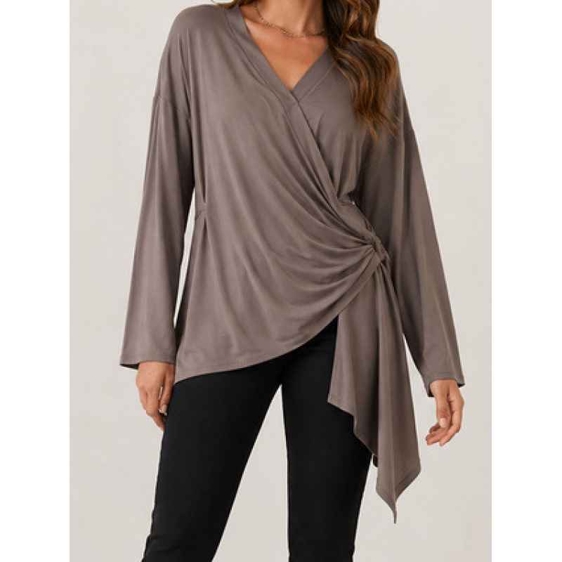 Women's Tie-Front Solid V-Neck Long Sleeve Casual Top