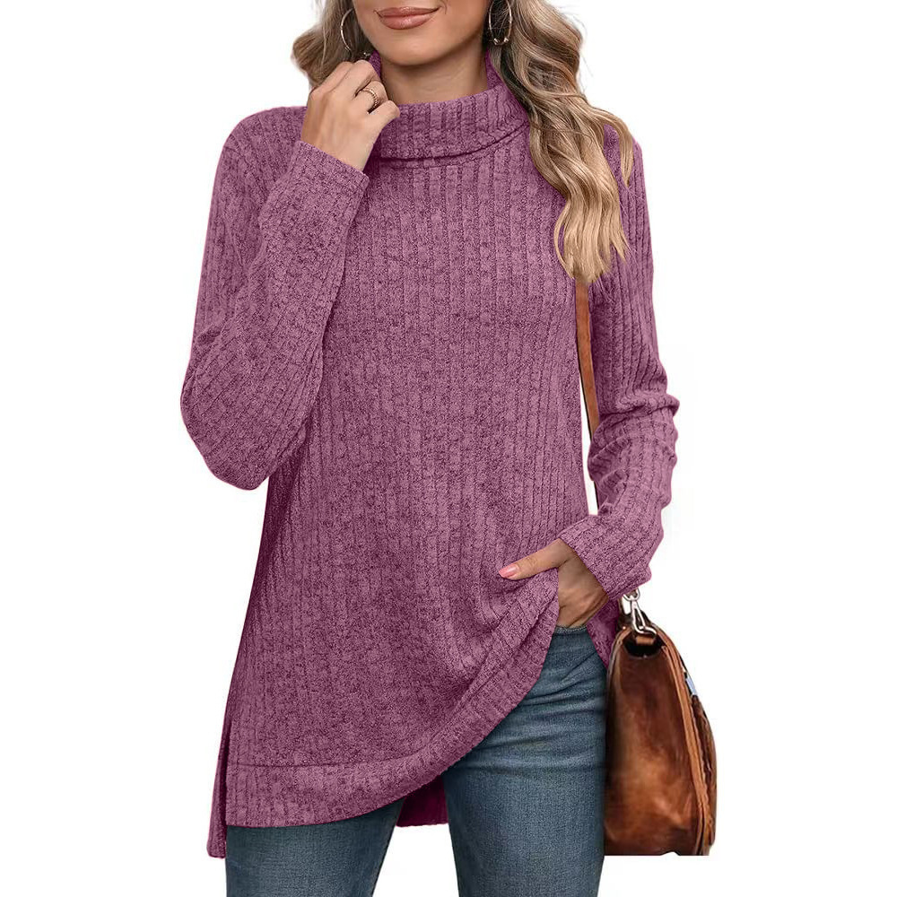 Women's Solid High Neck Slit Ribbed Loose Long Sleeve Top