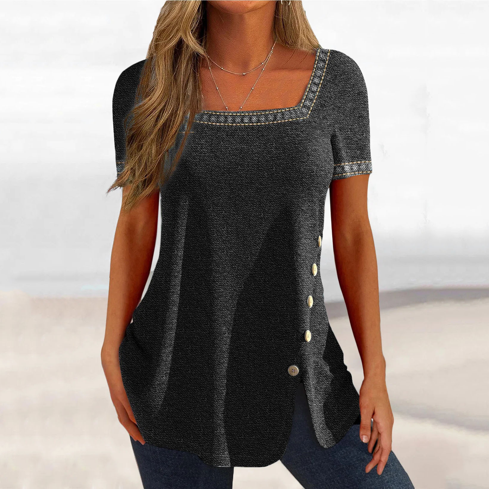 Women's Printed Button Slit Short Sleeve T-Shirt
