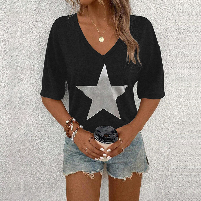 Women's V-Neck Short Sleeve T-Shirt Casual Loose Fit Top