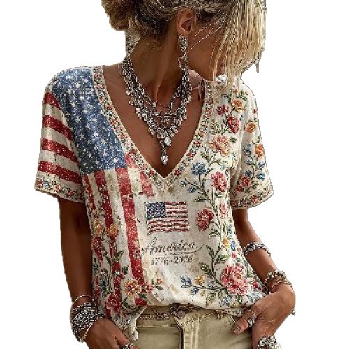 American Flag Floral Print V-Neck Short Sleeve Women's T-Shirt