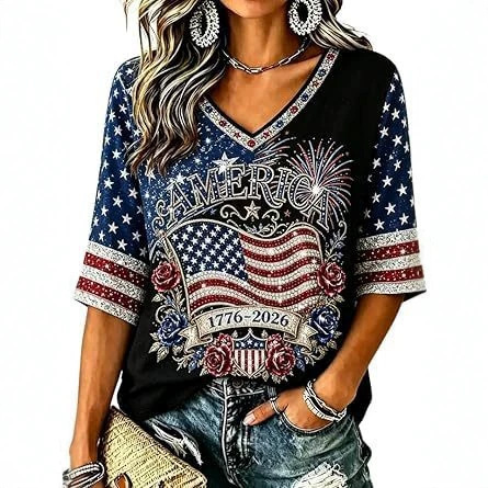 Women's American Flag Firework Print V-Neck Short Sleeve T-Shirt