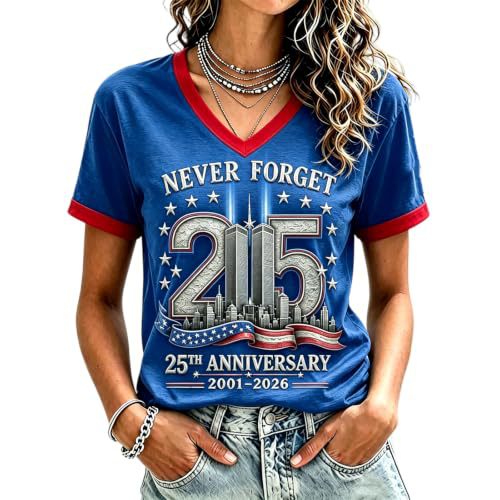 Twin Towers Anniversary Print V-Neck Short Sleeve Women's T-Shirt