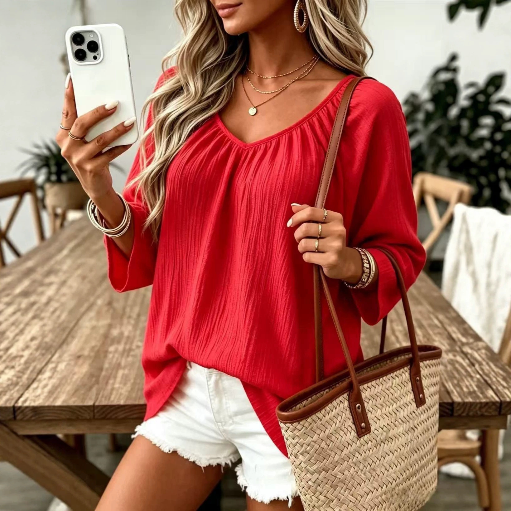 Women's Casual V-Neck Long Sleeve Loose Solid Pullover T-Shirt