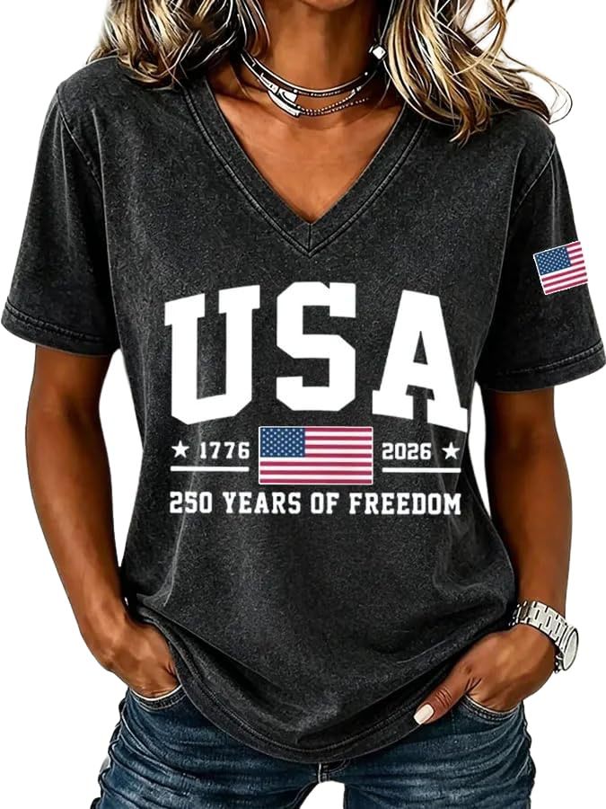 American Flag Print V-Neck Short Sleeve Women's T-Shirt
