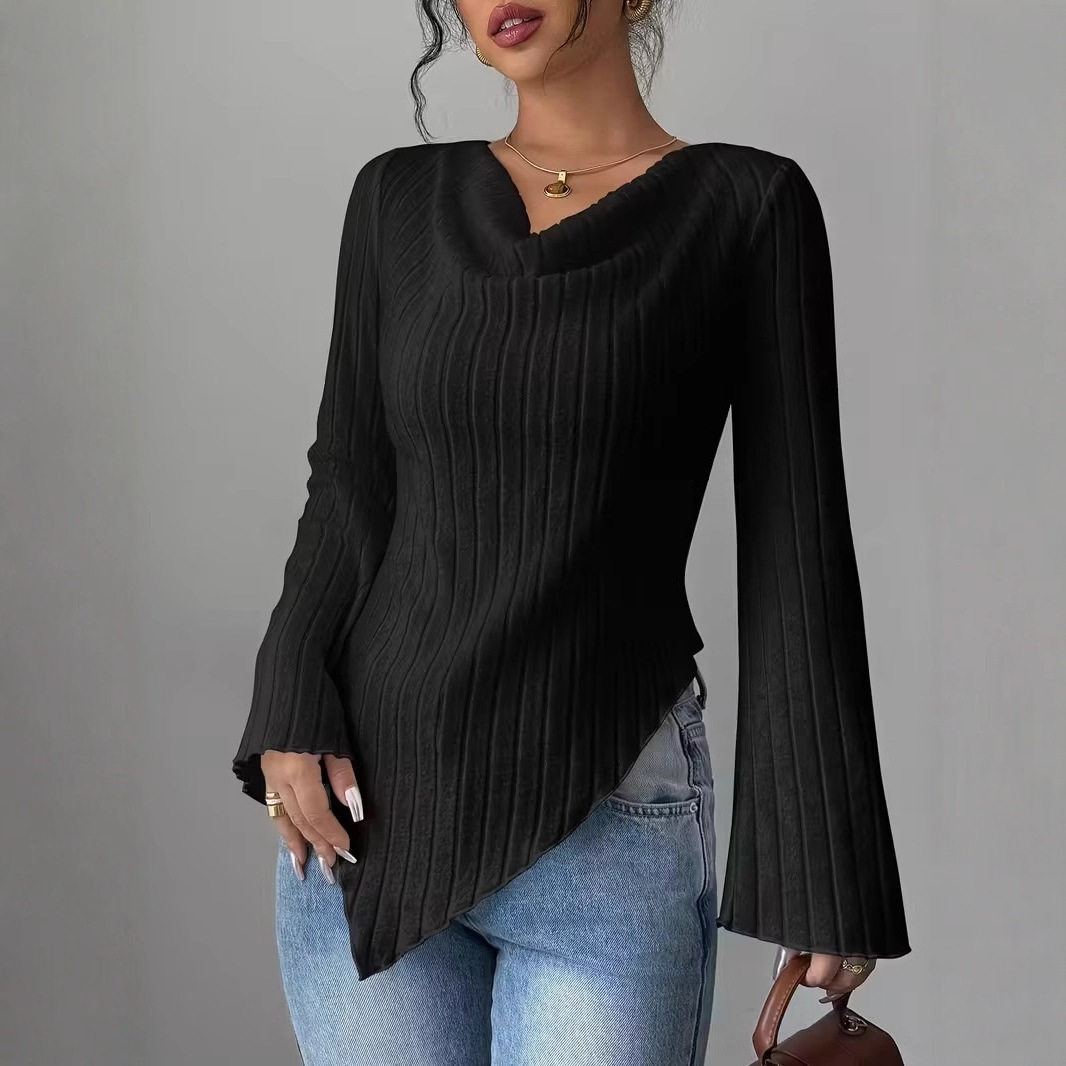 Women's V-Neck Long Sleeve Solid Color T-Shirt